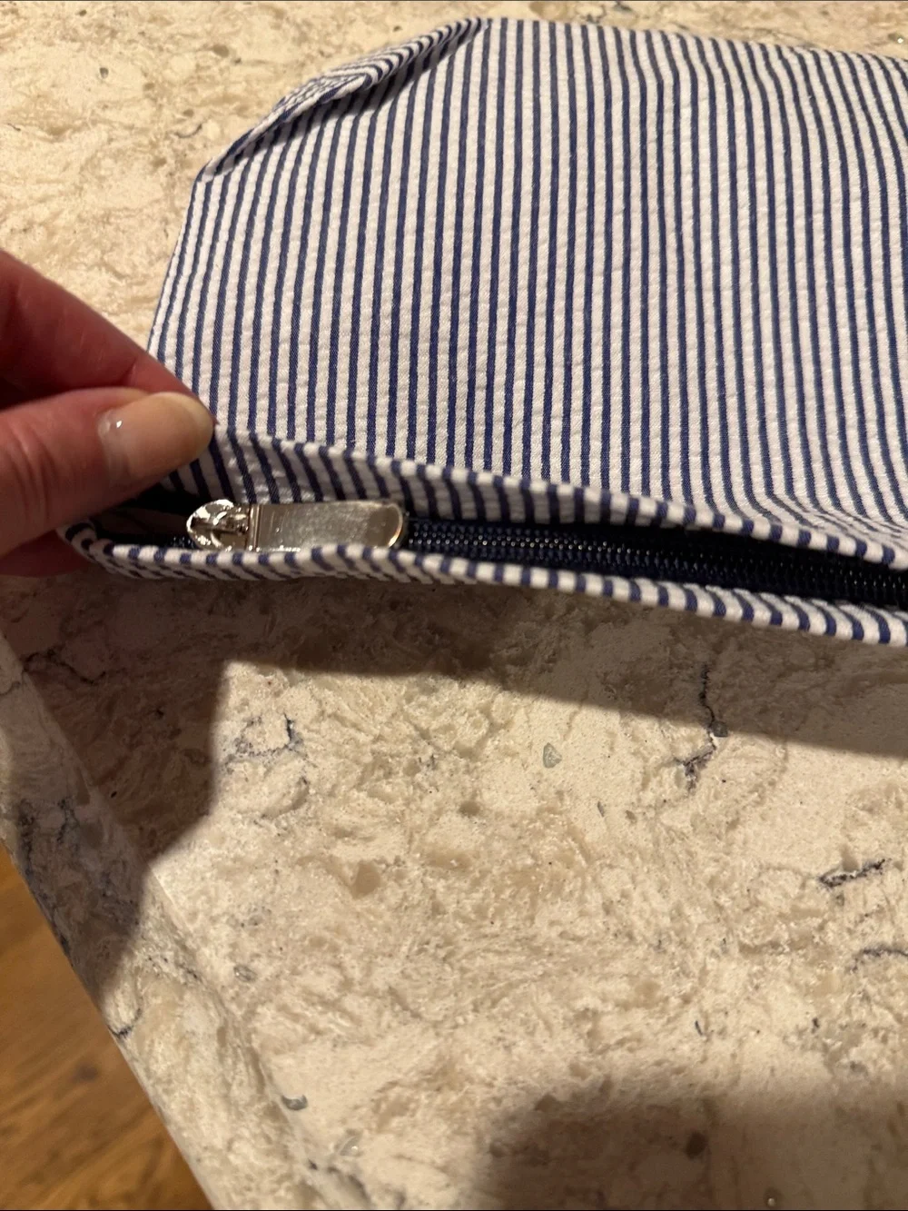 Striped Navy Cosmetic Pouch with Pink Rope Name Embroidery